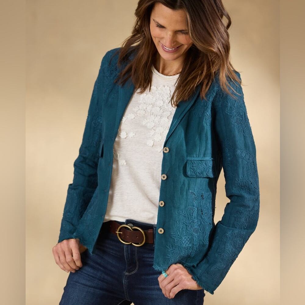 Sundance Teresa Lace Linen Jacket In Pond Women's S Blue Teal $228